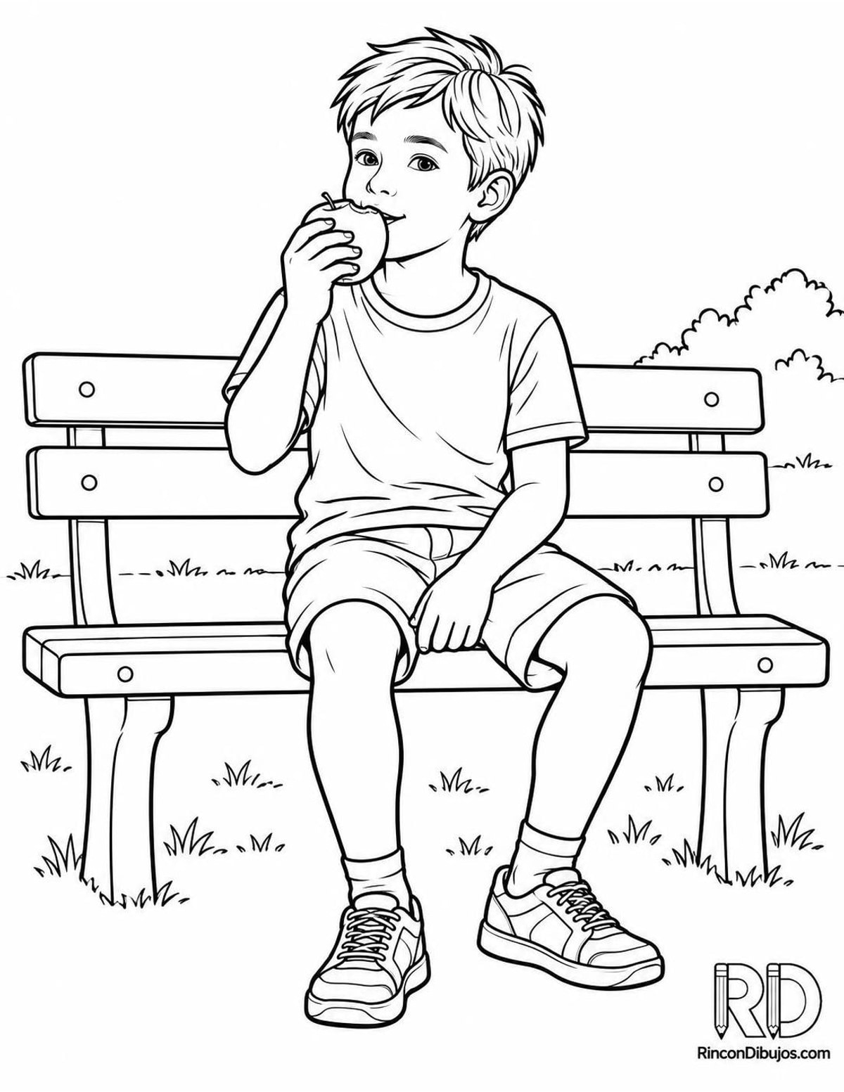 Dibujo de niño comiendo manzana para colorear Dibujo de niño comiendo manzana para colorear