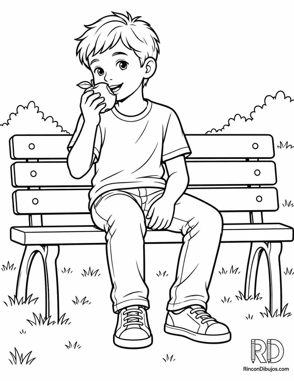 Dibujo de niño comiendo manzana para colorear Dibujo de niño comiendo manzana para colorear