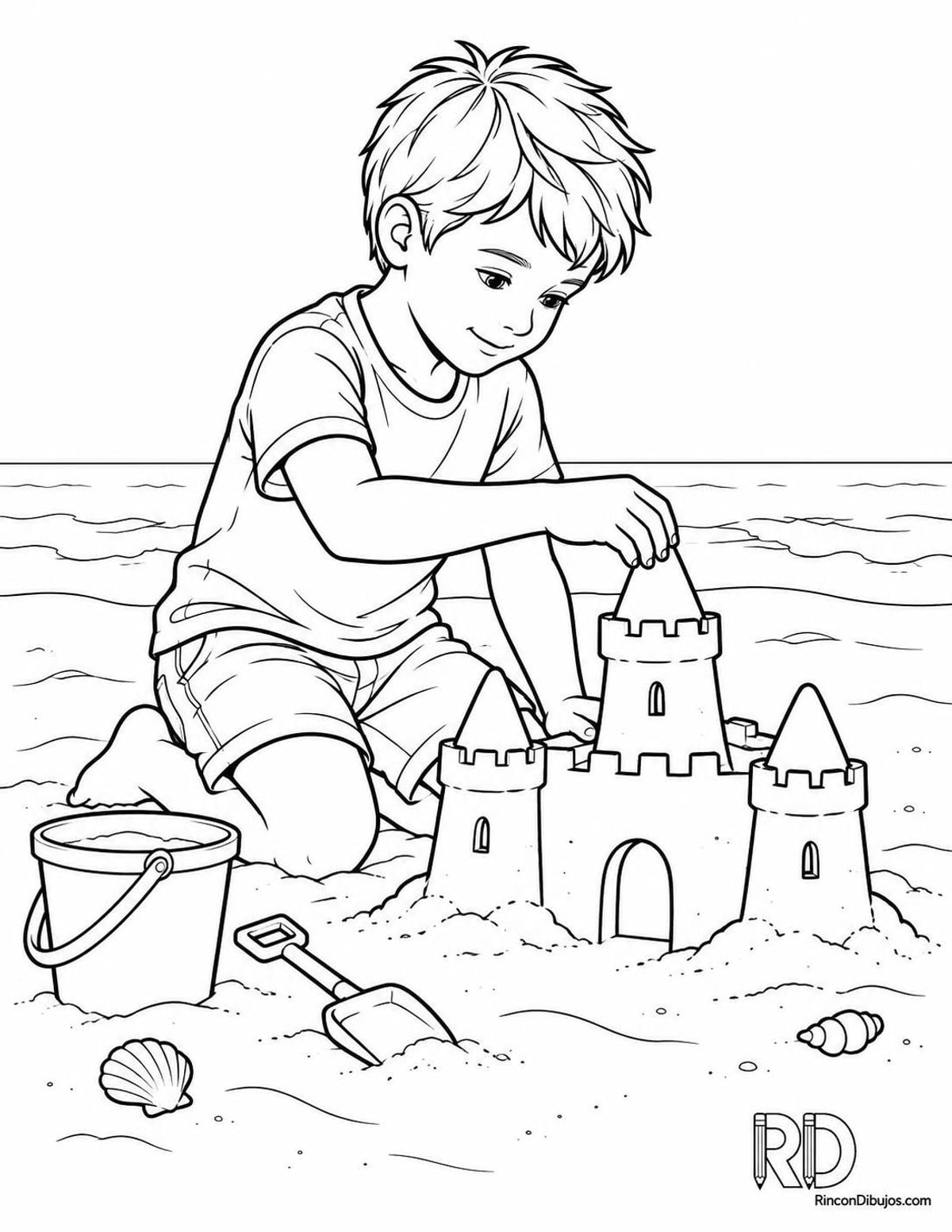 Dibujo de niño con castillo de arena para colorear Dibujo de niño con castillo de arena para colorear