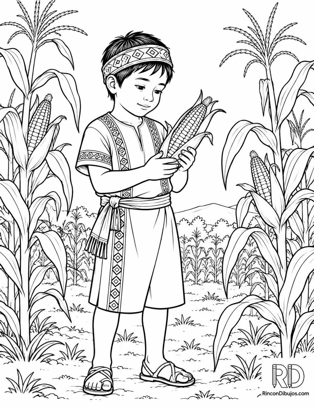 Dibujo de niño maya con maíz para colorear Dibujo de niño maya con maíz para colorear