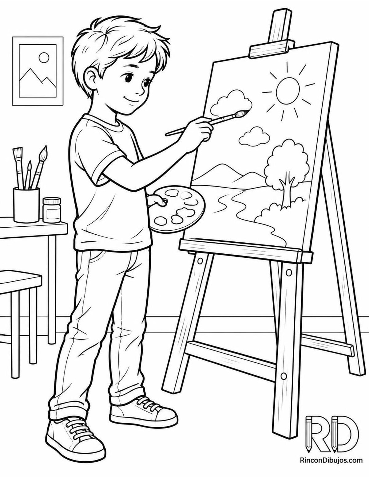 Dibujo de niño pintando caballete para colorear Dibujo de niño pintando caballete para colorear