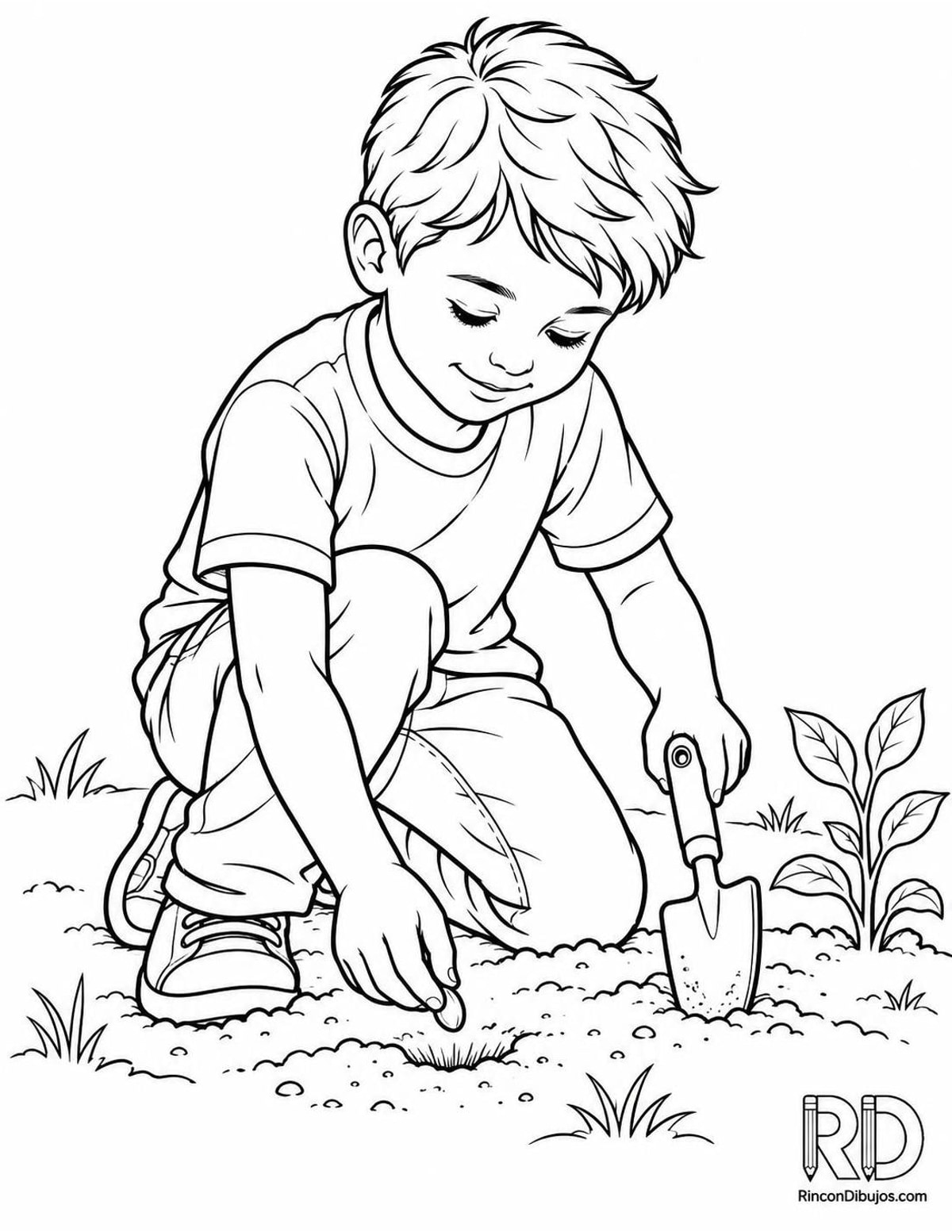 Dibujo de niño plantando semilla para colorear Dibujo de niño plantando semilla para colorear