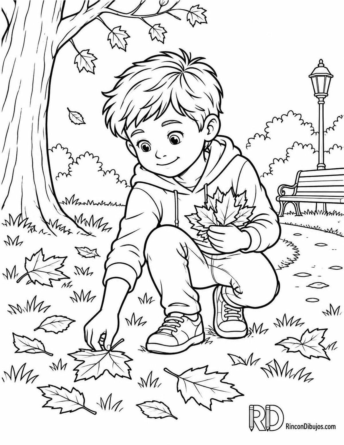Dibujo de niño recogiendo hojas para colorear Dibujo de niño recogiendo hojas para colorear