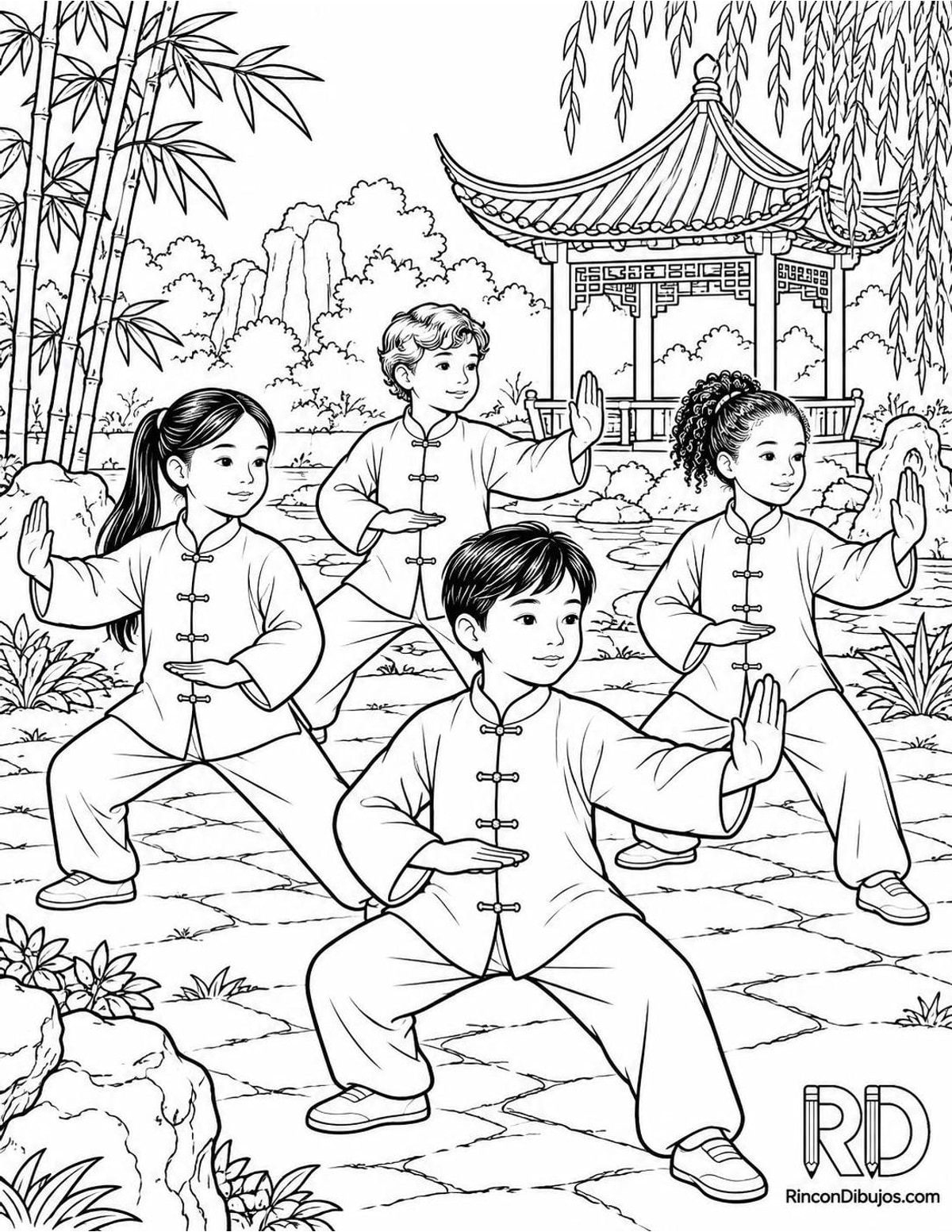 Dibujo de niños haciendo tai chi para colorear Dibujo de niños haciendo tai chi para colorear