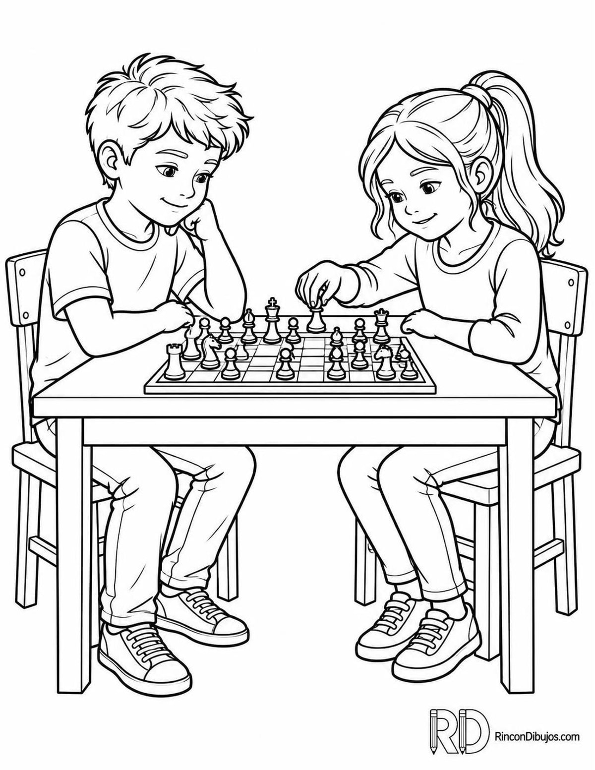 Dibujo de niños jugando ajedrez para colorear Dibujo de niños jugando ajedrez para colorear