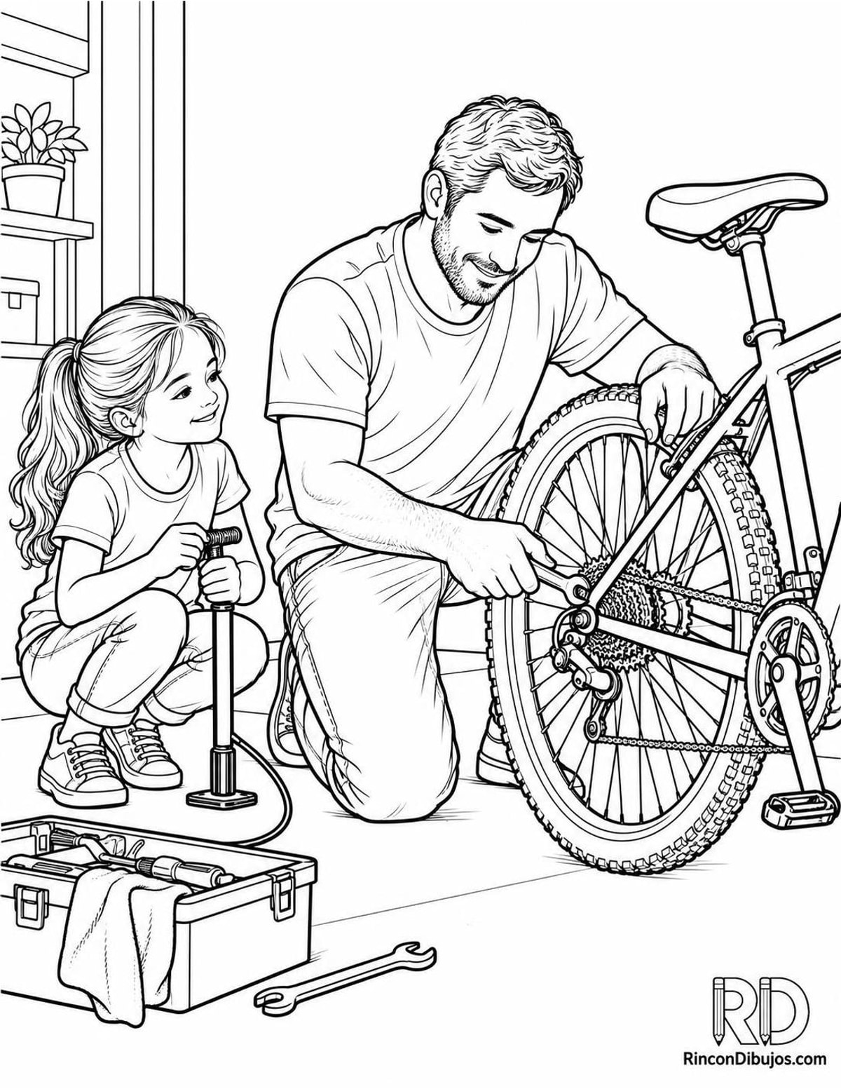 Dibujo de padre arreglando bicicleta para colorear Dibujo de padre arreglando bicicleta para colorear
