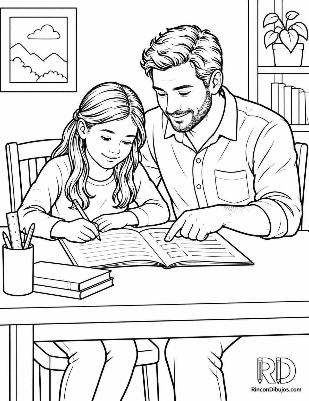 Dibujo de padre ayudando tarea para colorear Dibujo de padre ayudando tarea para colorear