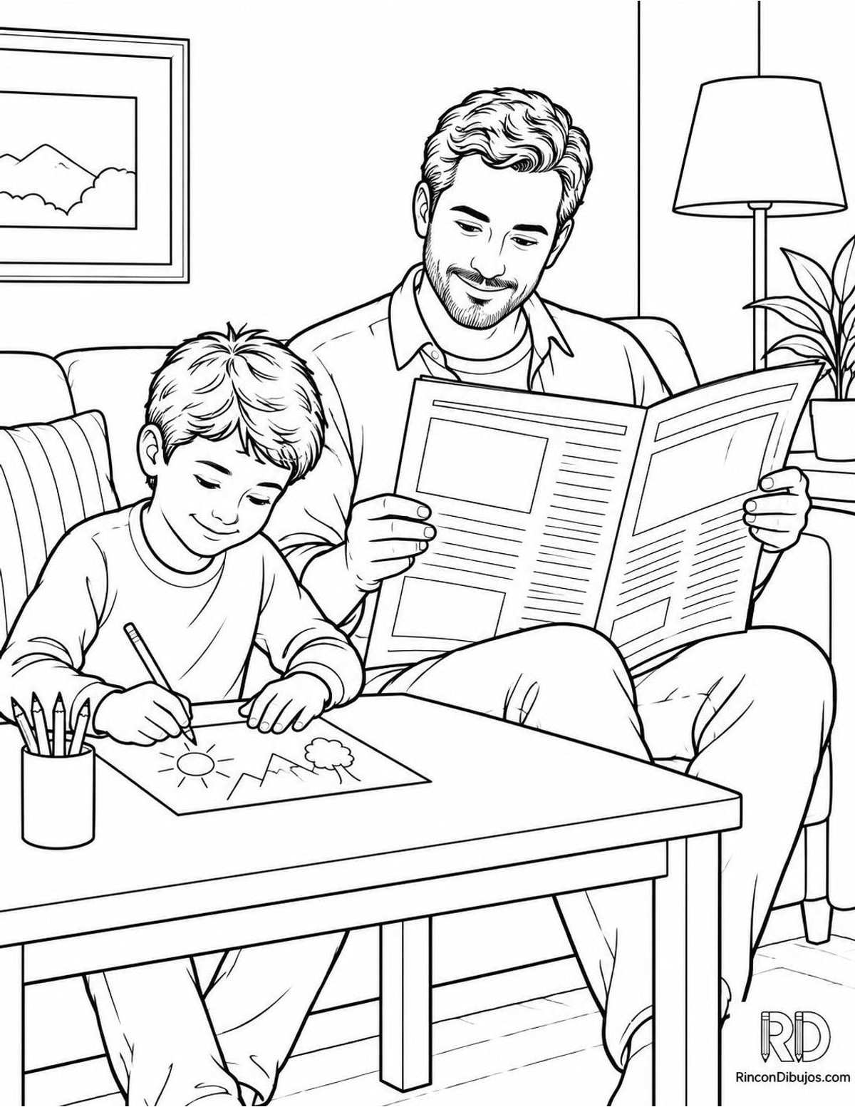 Dibujo de padre leyendo periódico para colorear Dibujo de padre leyendo periódico para colorear