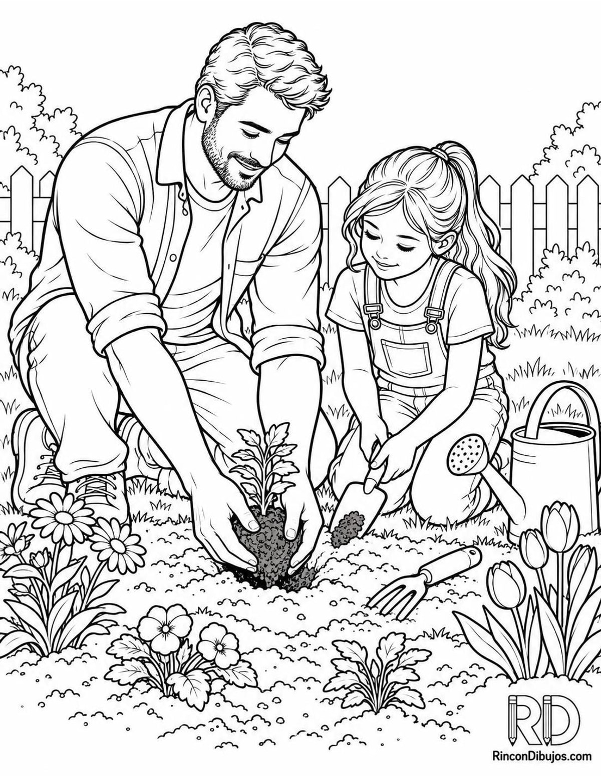Dibujo de padre plantando flores para colorear Dibujo de padre plantando flores para colorear