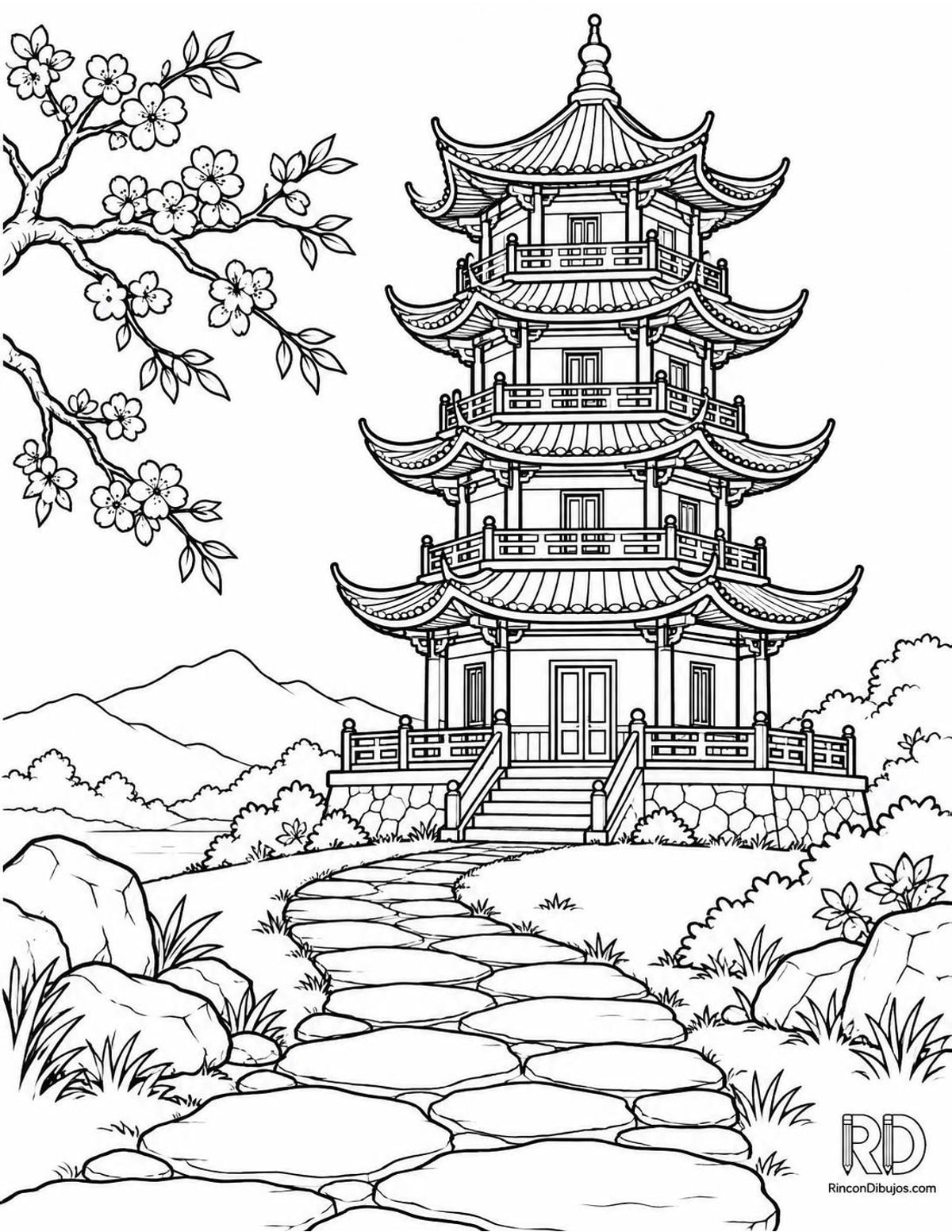 Dibujo de pagoda china para colorear Dibujo de pagoda china para colorear