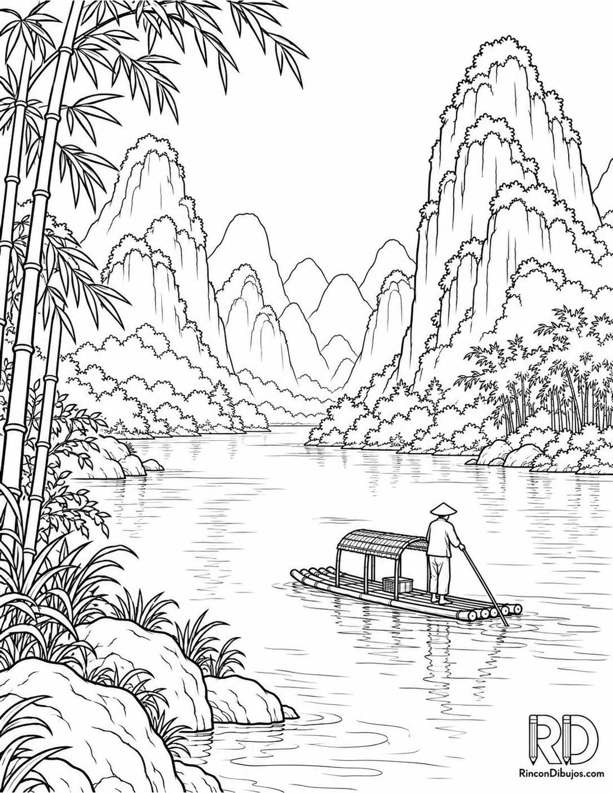 Dibujo de paisaje de Guilin para colorear Dibujo de paisaje de Guilin para colorear