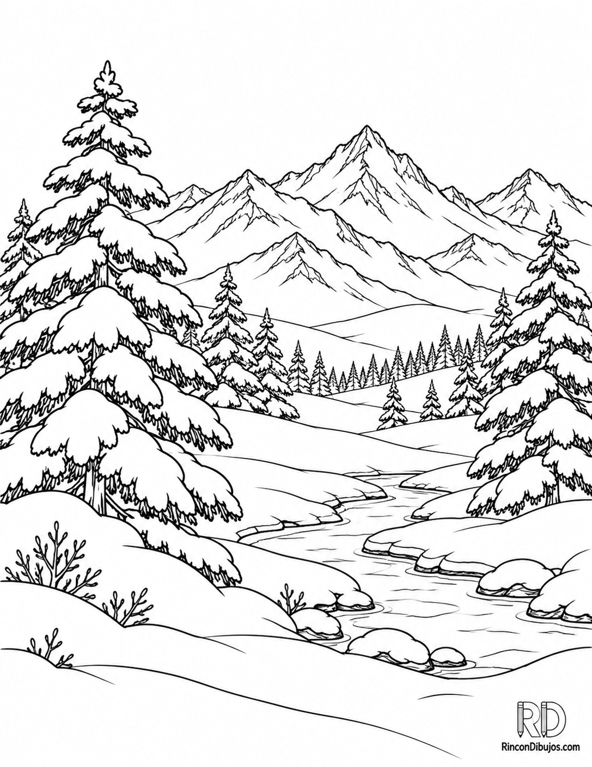 Dibujo de paisaje de invierno para colorear Dibujo de paisaje de invierno para colorear