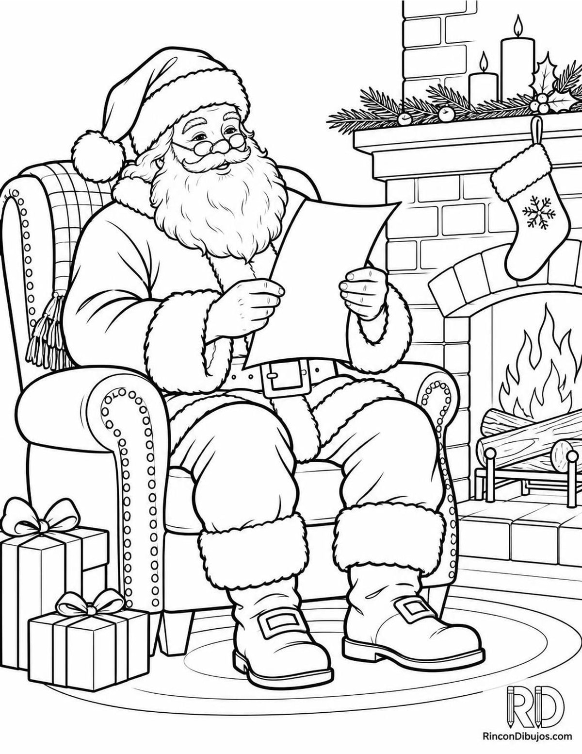 Dibujo de Papá Noel en chimenea para colorear Dibujo de Papá Noel en chimenea para colorear
