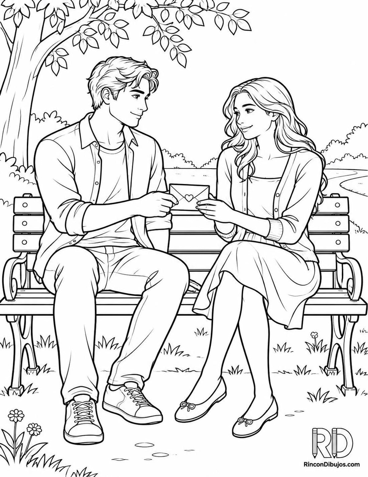 Dibujo de pareja con carta de amor para colorear