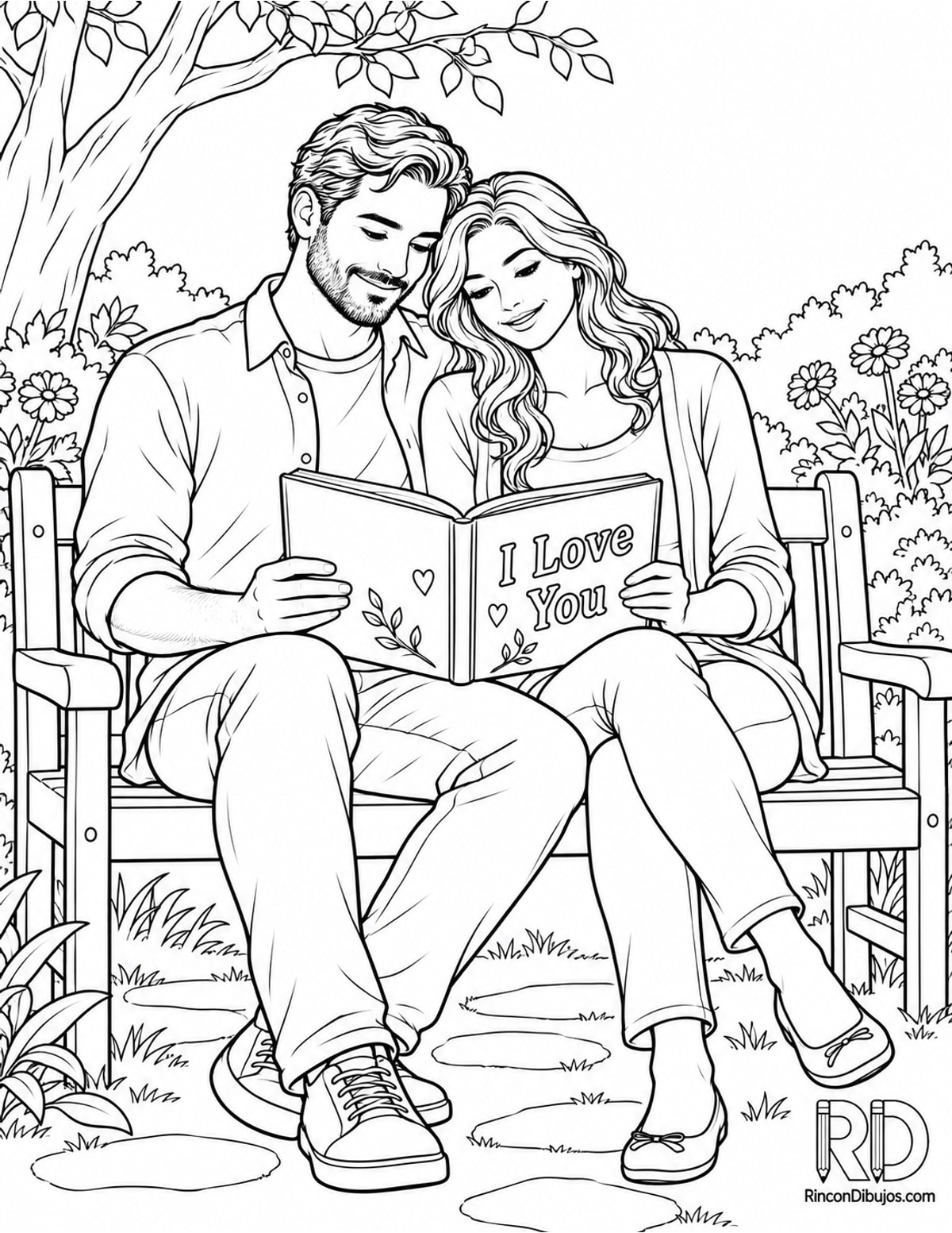 Dibujo de pareja sentada I Love You para colorear Dibujo de pareja sentada I Love You para colorear
