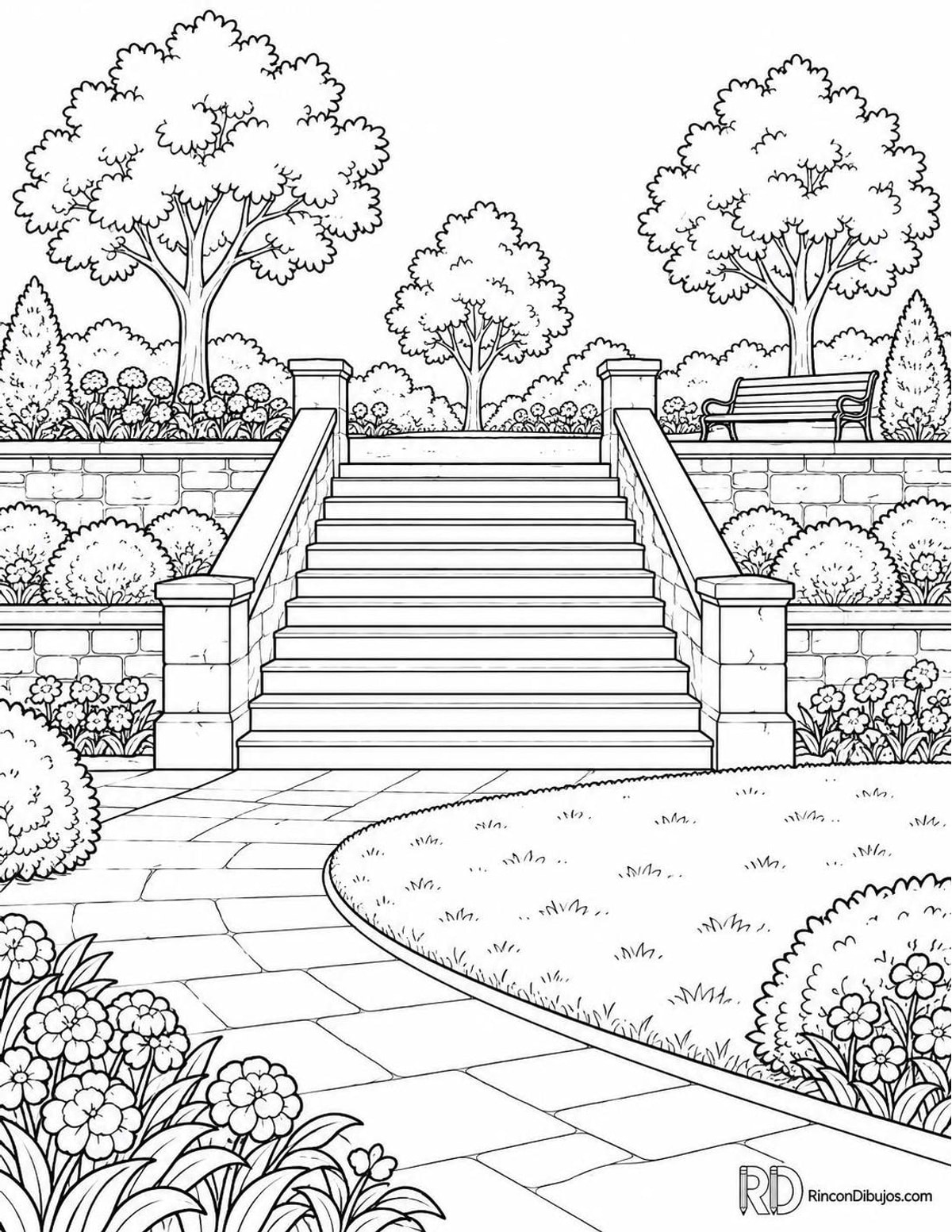 Dibujo de parque con escalinata para colorear Dibujo de parque con escalinata para colorear