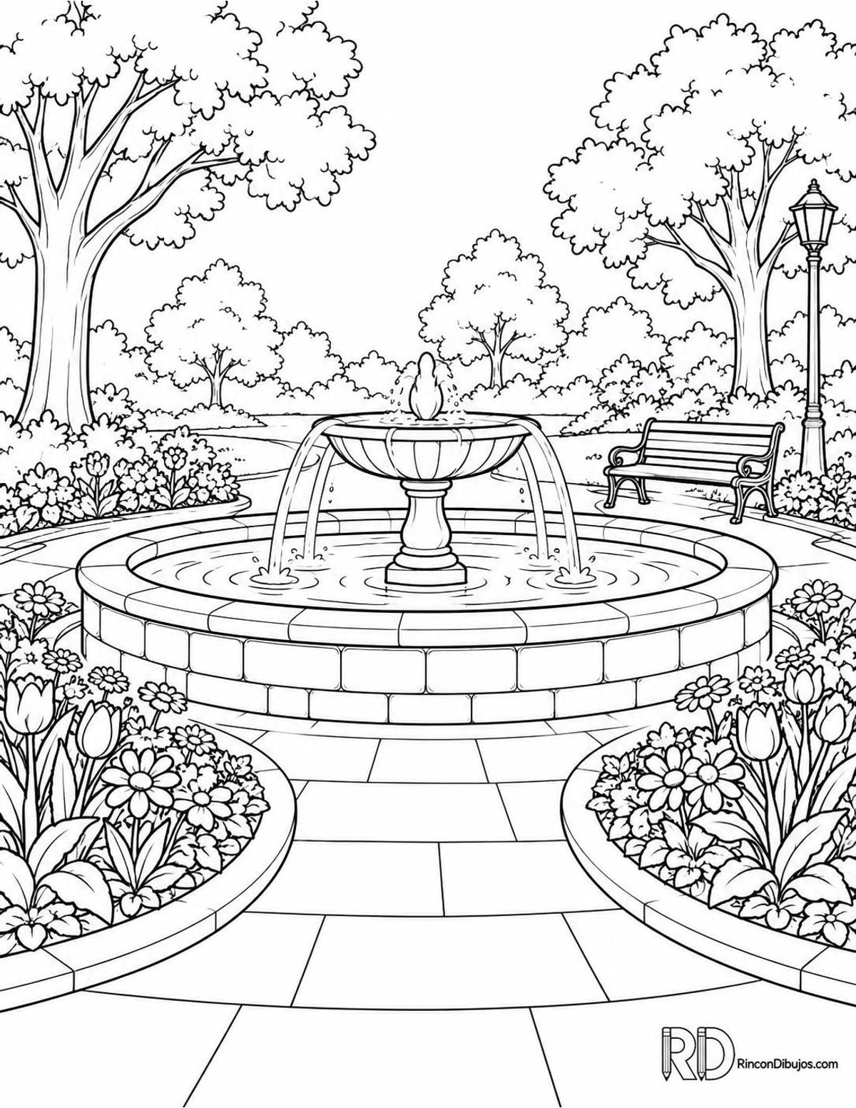 Dibujo de parque con fuente para colorear Dibujo de parque con fuente para colorear