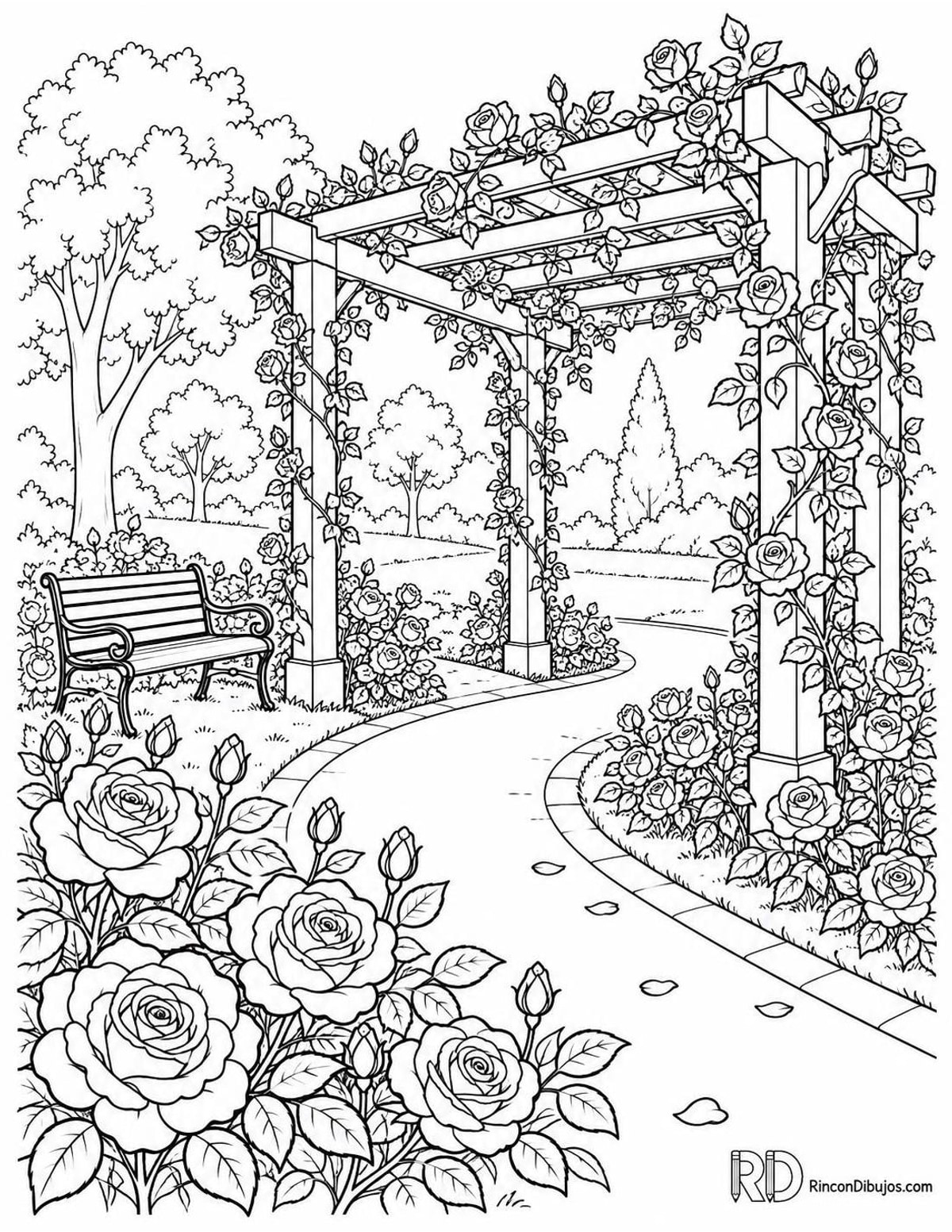 Dibujo de parque con rosaleda para colorear Dibujo de parque con rosaleda para colorear