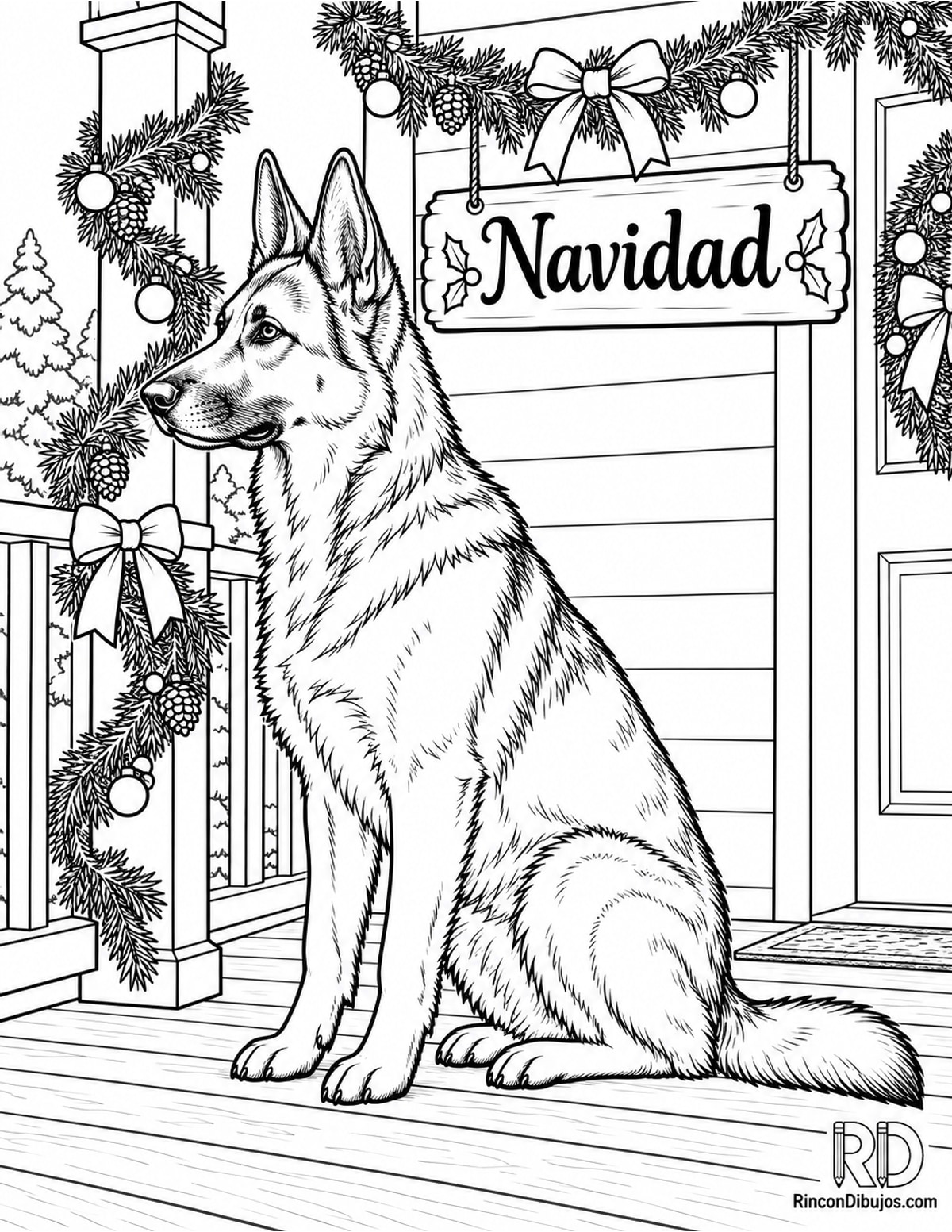Dibujo de pastor alemán Navidad para colorear