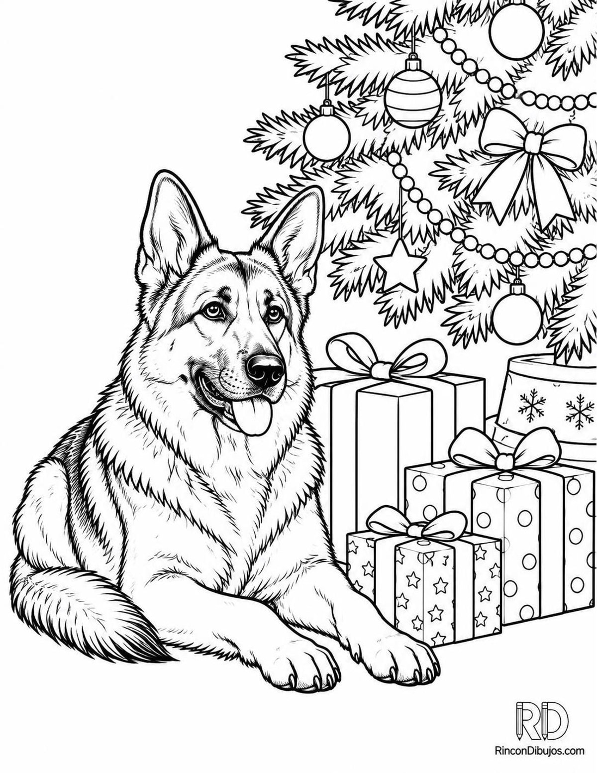 Dibujo de pastor alemán navideño para colorear Dibujo de pastor alemán navideño para colorear