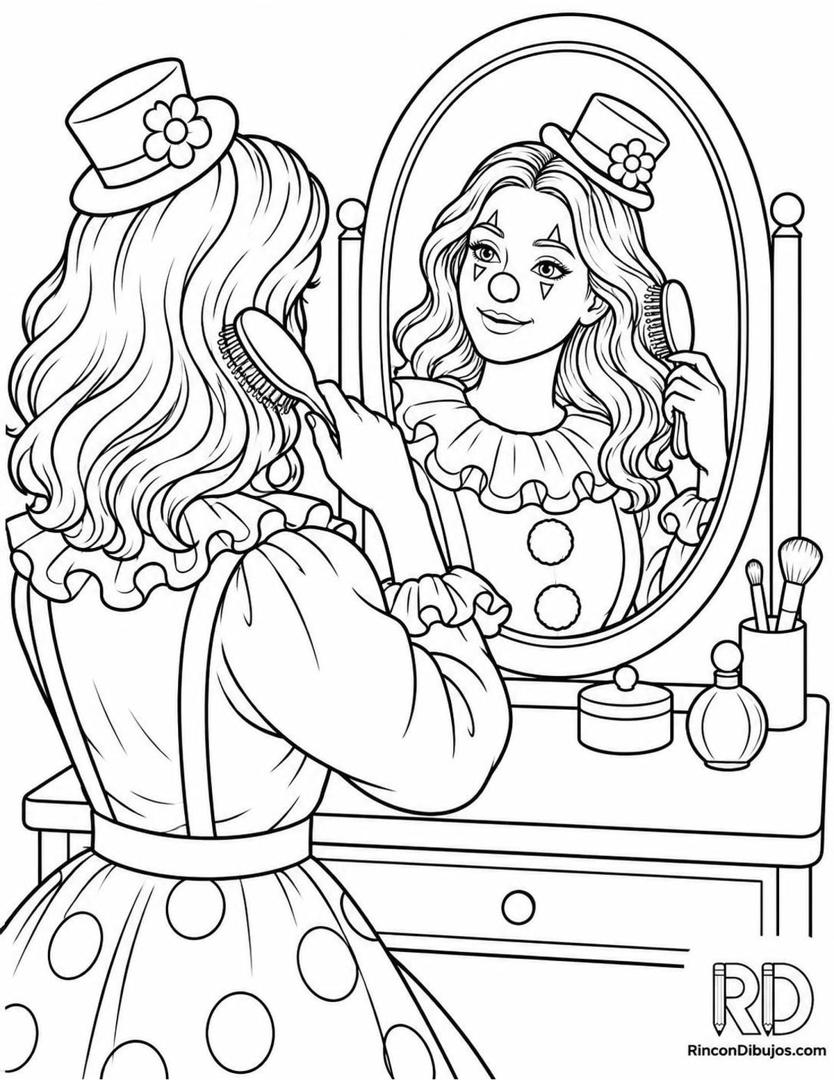 Dibujo de payasa peinándose para colorear Dibujo de payasa peinándose para colorear