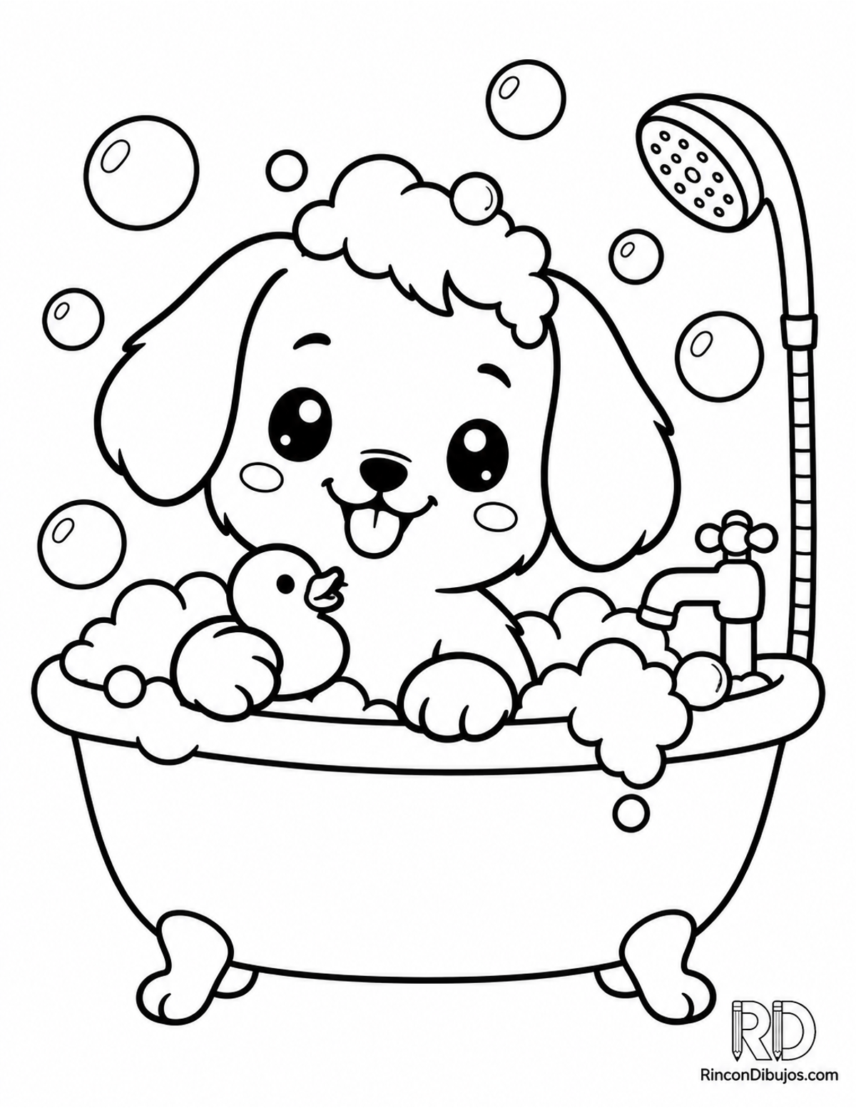 Dibujo de perrito kawaii bañándose para colorear Dibujo de perrito kawaii bañándose para colorear