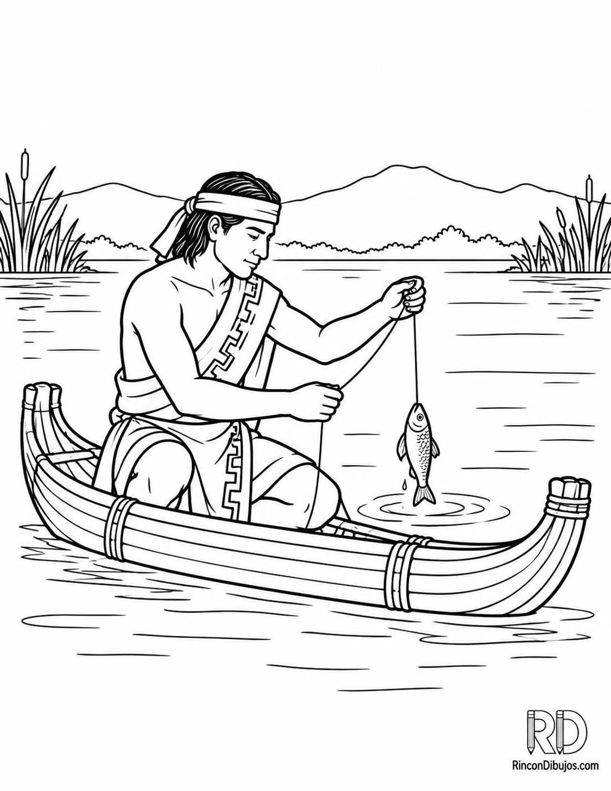 Dibujo de pescador azteca en canoa para colorear Dibujo de pescador azteca en canoa para colorear