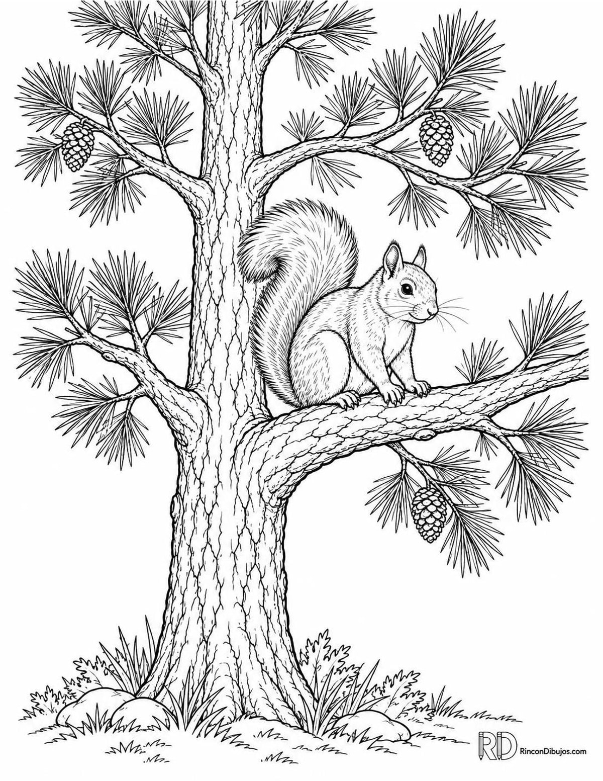 Dibujo de pino con ardilla para colorear Dibujo de pino con ardilla para colorear
