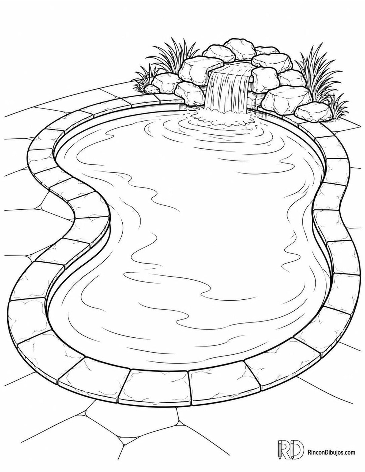 Dibujo de piscina con cascada para colorear Dibujo de piscina con cascada para colorear