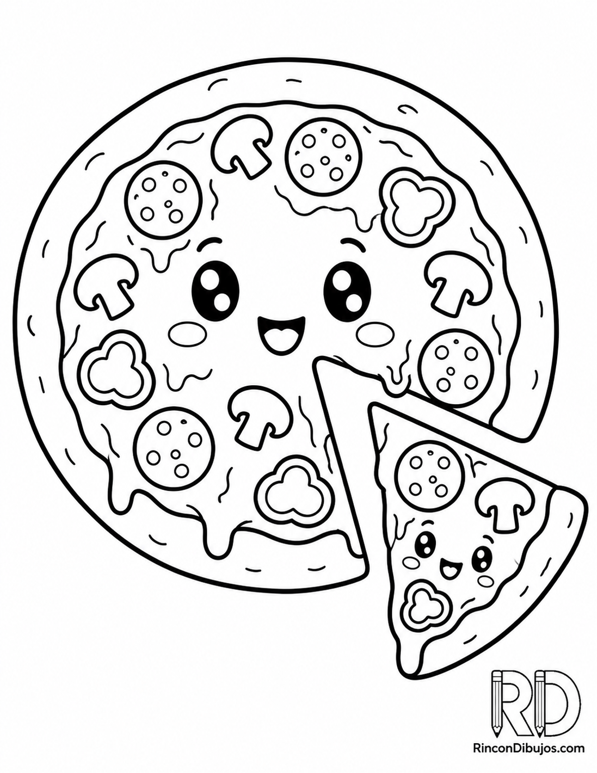 Dibujo de pizza kawaii para colorear
