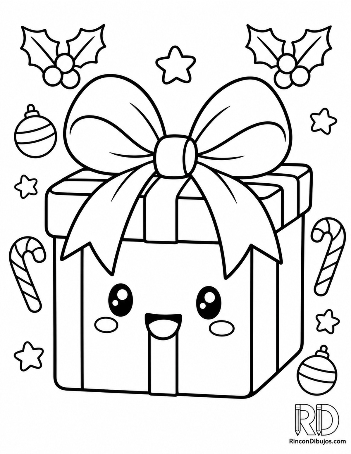 Dibujo de regalo navideño kawaii para colorear Dibujo de regalo navideño kawaii para colorear