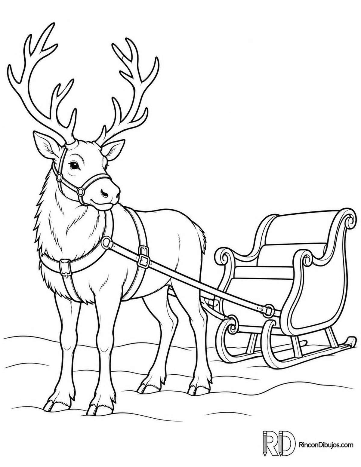 Dibujo de reno navideño con trineo para colorear Dibujo de reno navideño con trineo para colorear