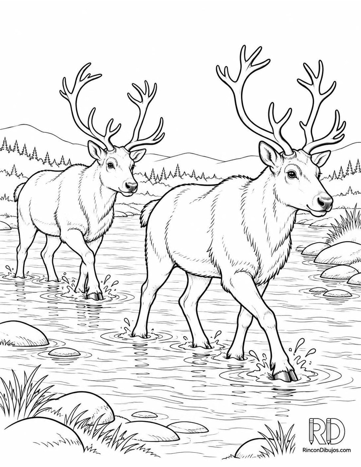 Dibujo de renos cruzando un río para colorear Dibujo de renos cruzando un río para colorear