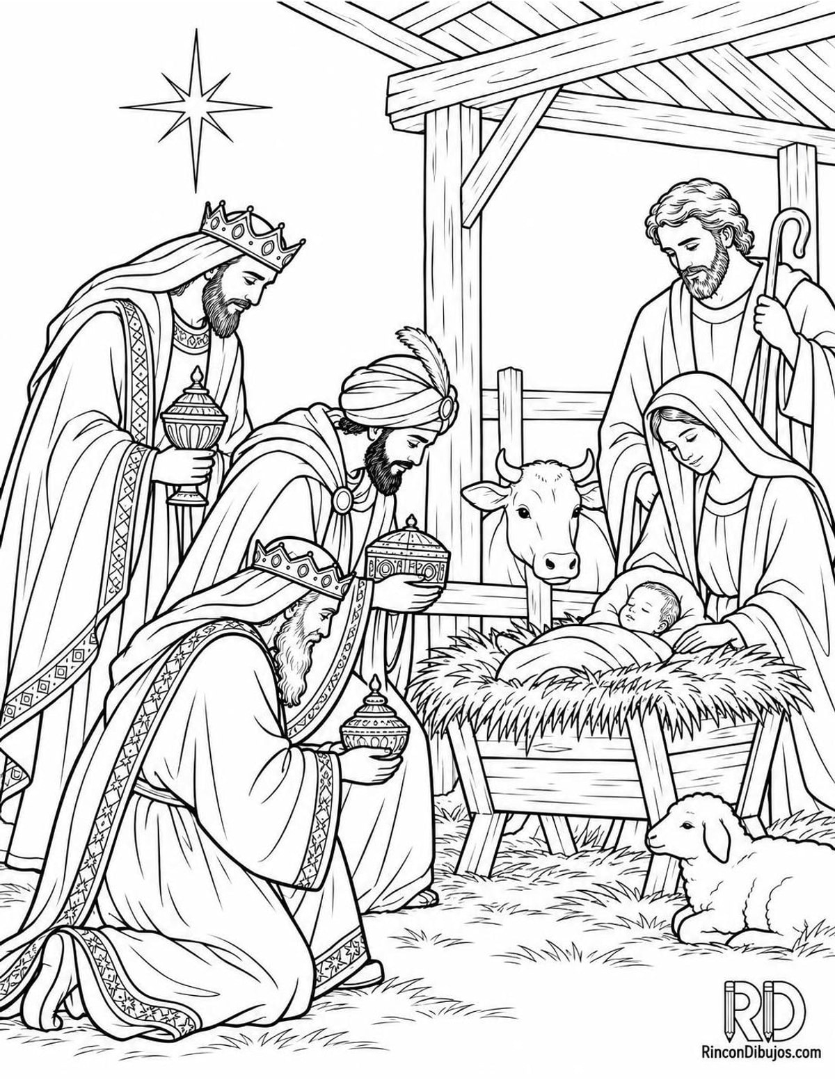 Dibujo de Reyes Magos ante pesebre para colorear