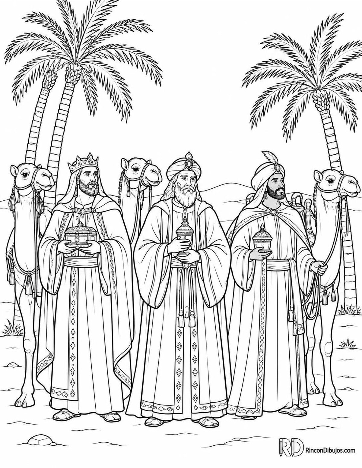Dibujo de Reyes Magos bajo palmeras para colorear