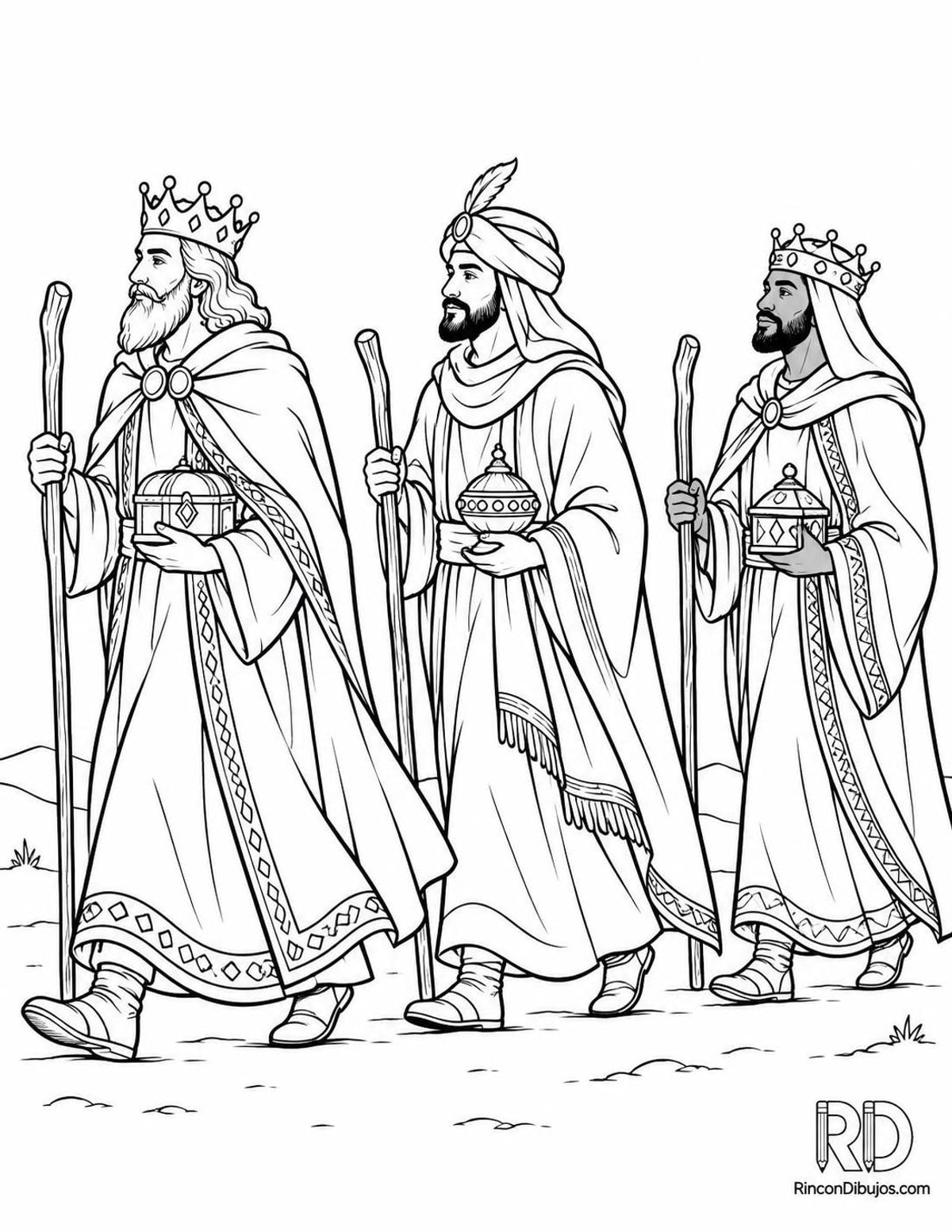 Dibujo de Reyes Magos con bastones para colorear