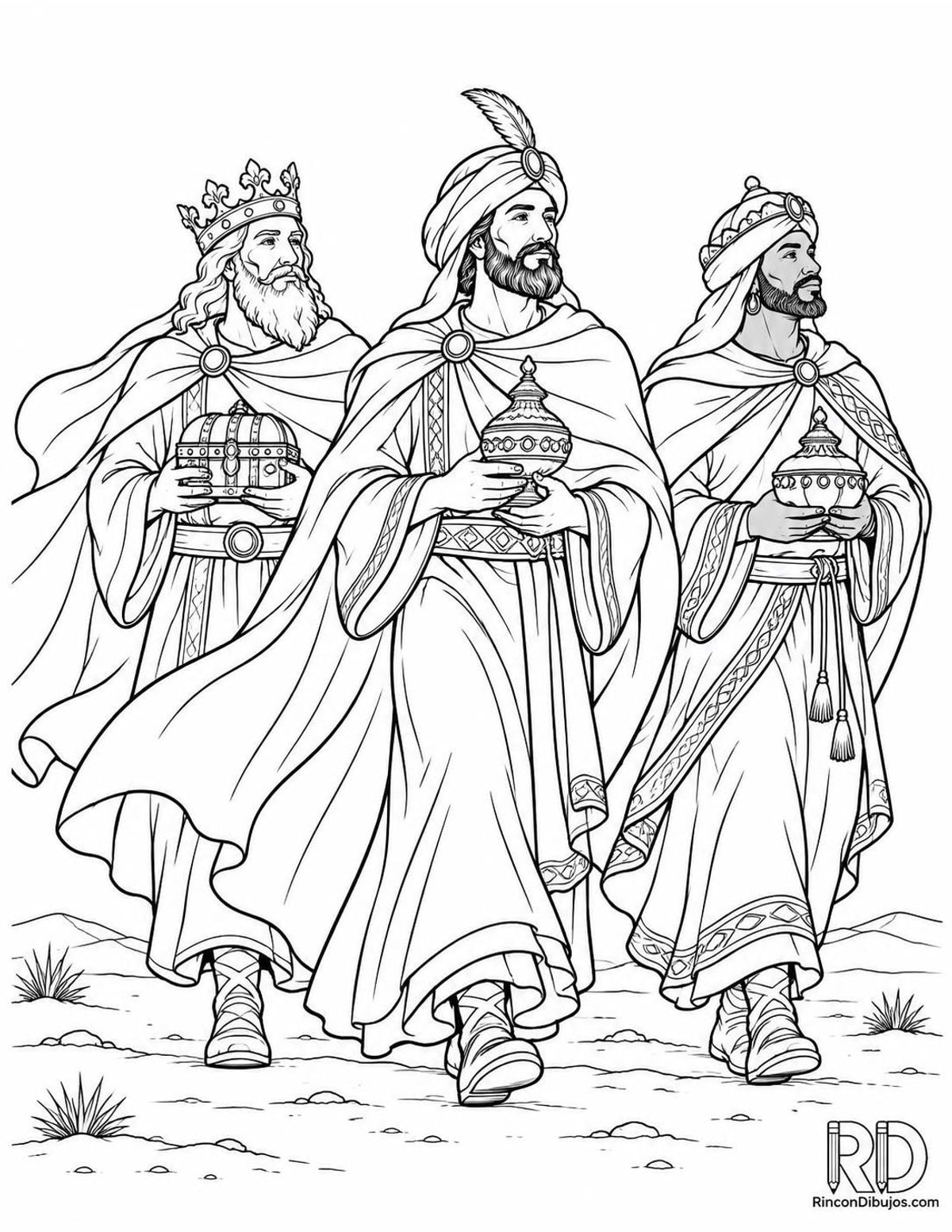 Dibujo de Reyes Magos con capas para colorear