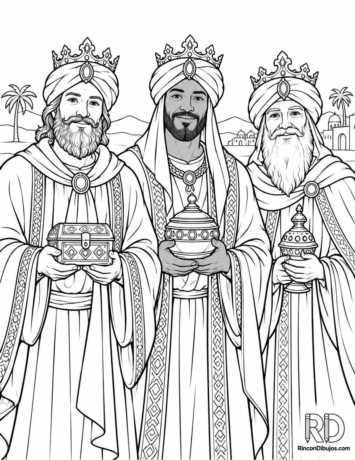 Dibujo de Reyes Magos con coronas para colorear