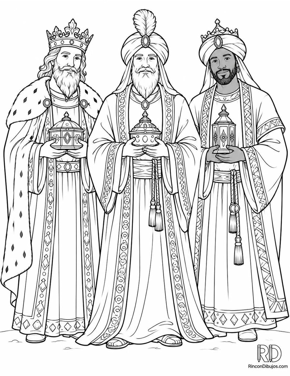 Dibujo de Reyes Magos con mantos para colorear