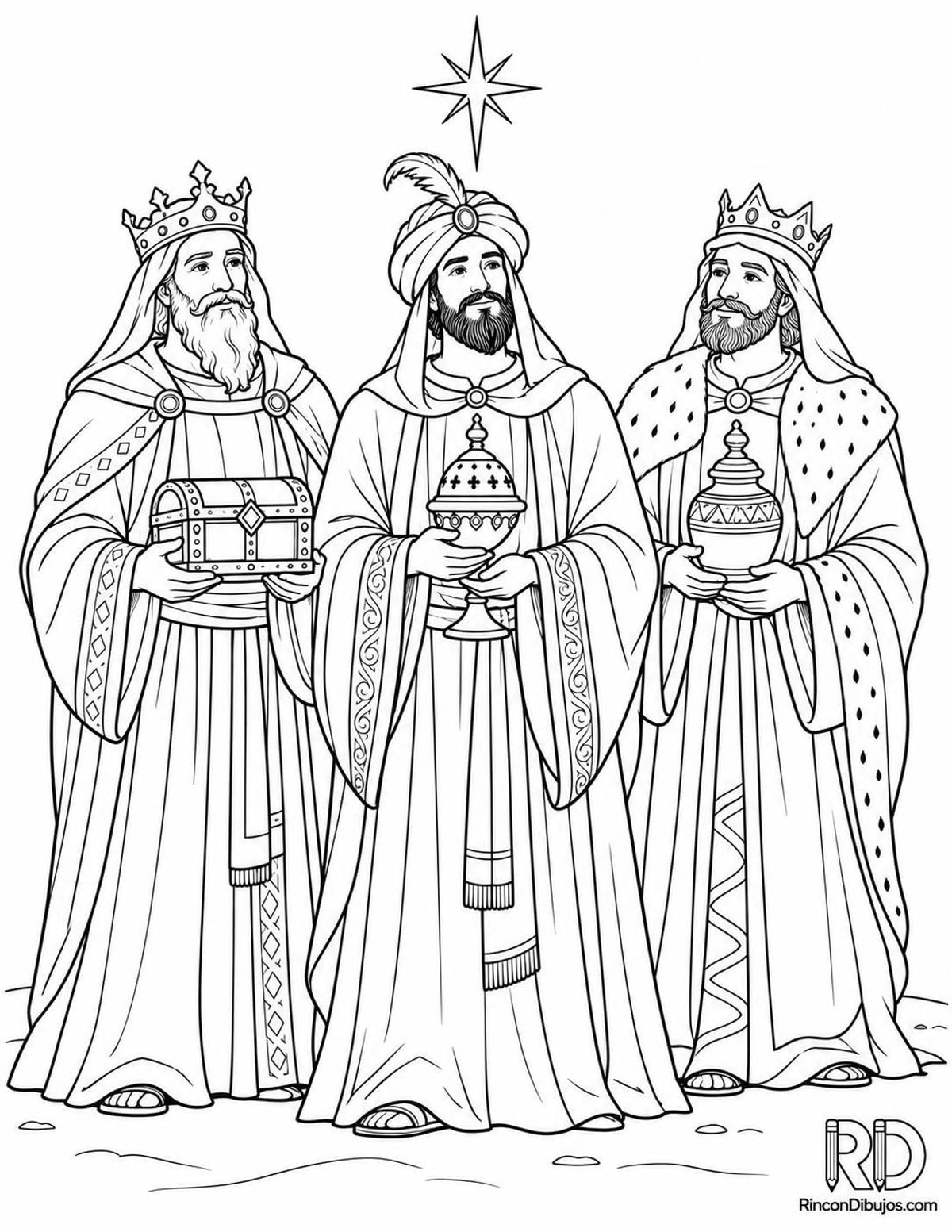 Dibujo de Reyes Magos con regalos para colorear