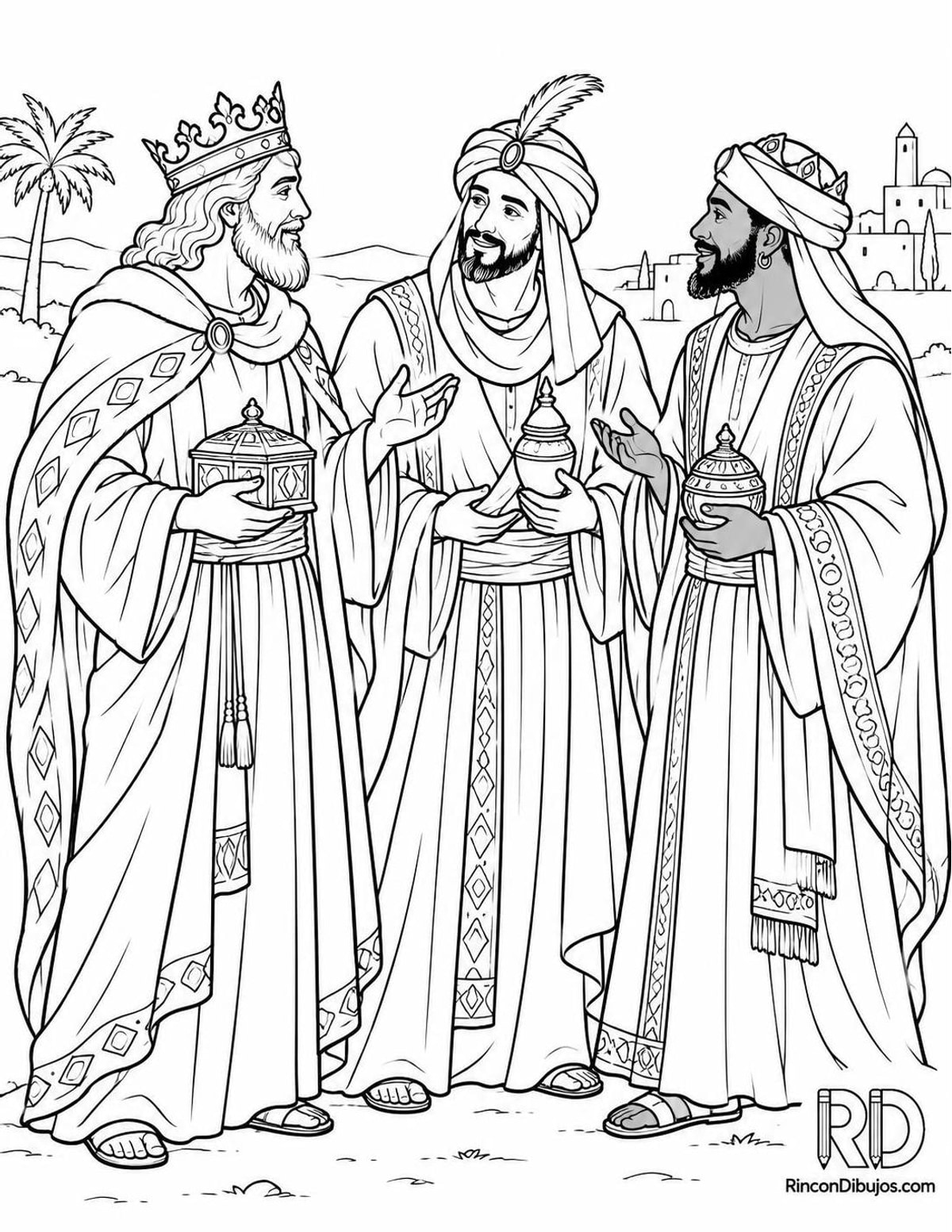 Dibujo de Reyes Magos conversando para colorear