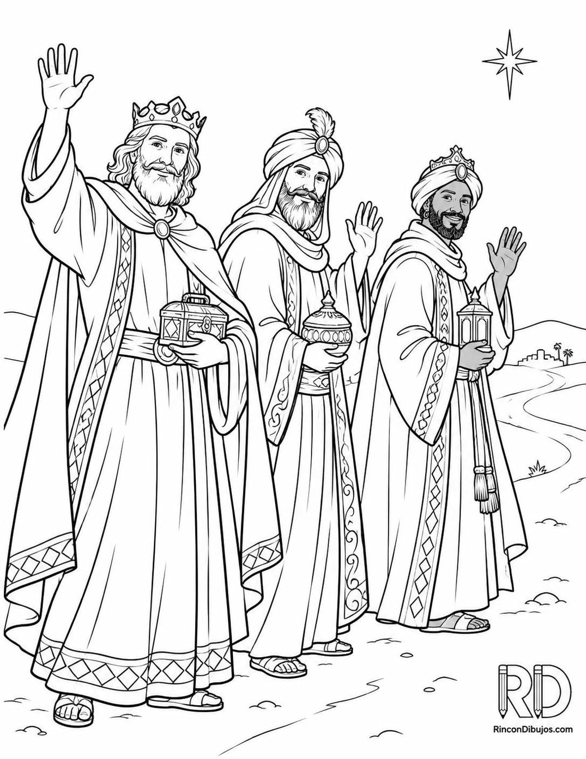 Dibujo de Reyes Magos despidiéndose para colorear
