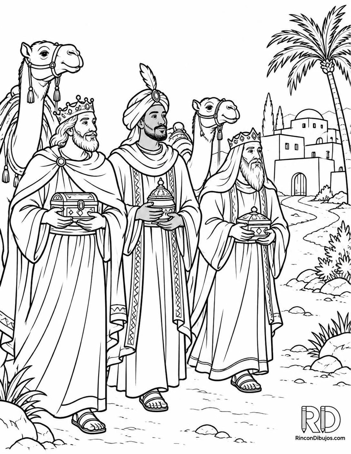 Dibujo de Reyes Magos en aldea para colorear