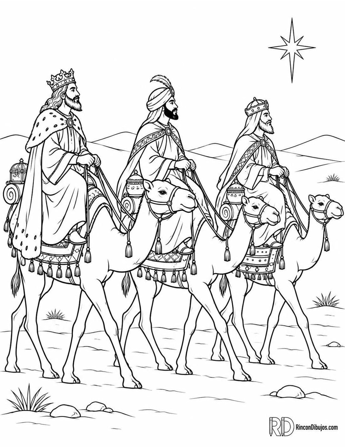 Dibujo de Reyes Magos en camellos para colorear