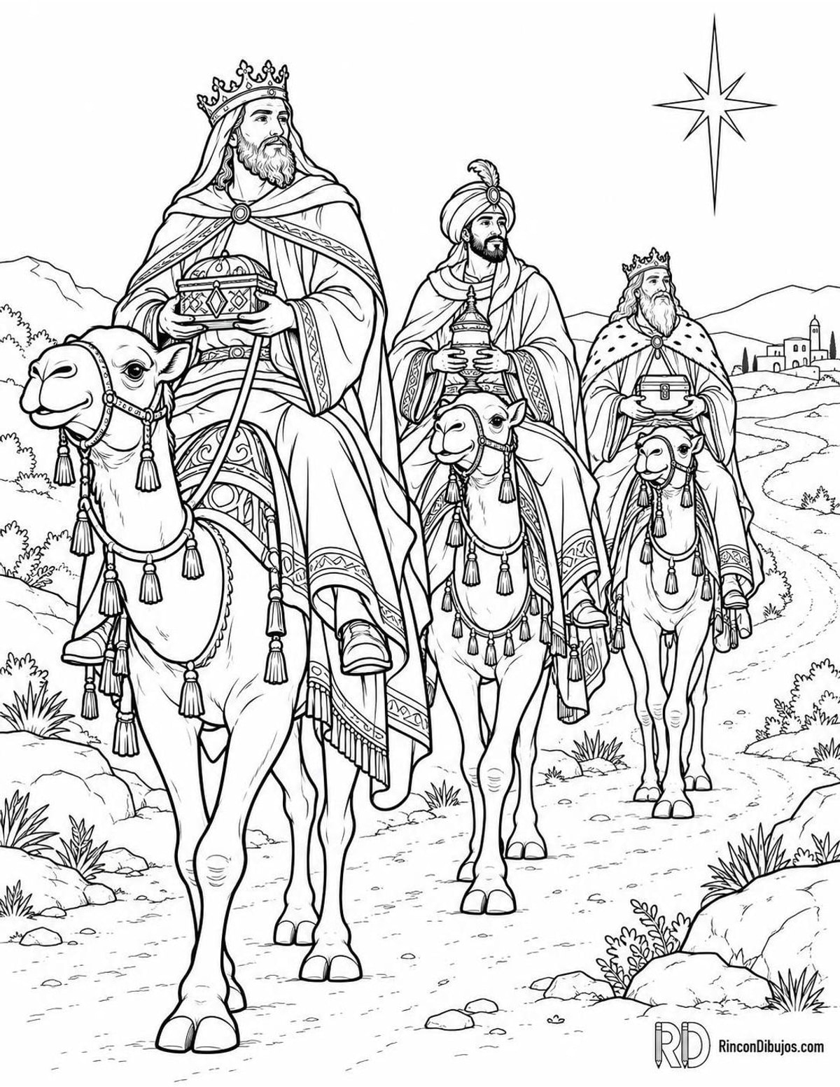 Dibujo de Reyes Magos en camino para colorear