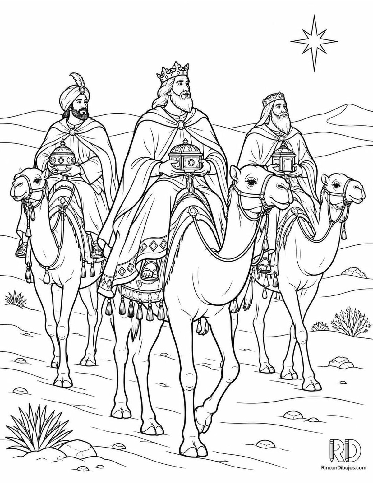 Dibujo de Reyes Magos en desierto para colorear