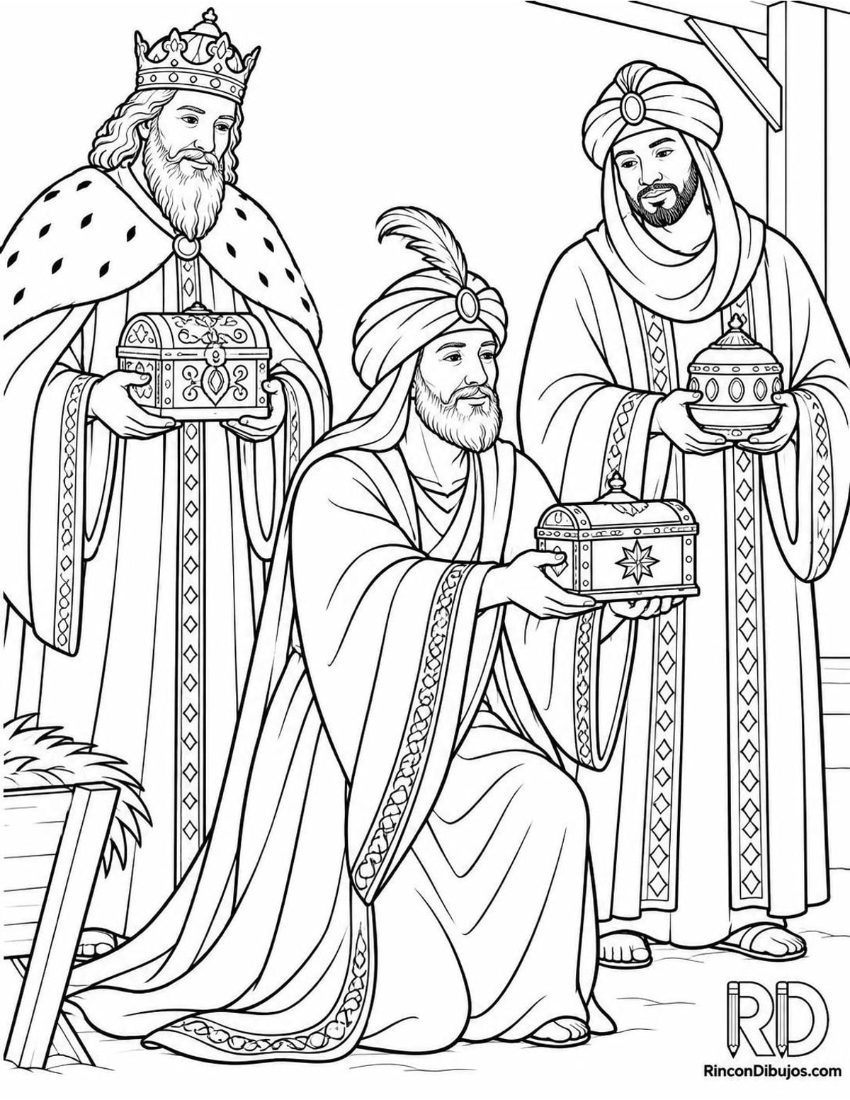 Dibujo de Reyes Magos entregando cofres para colorear