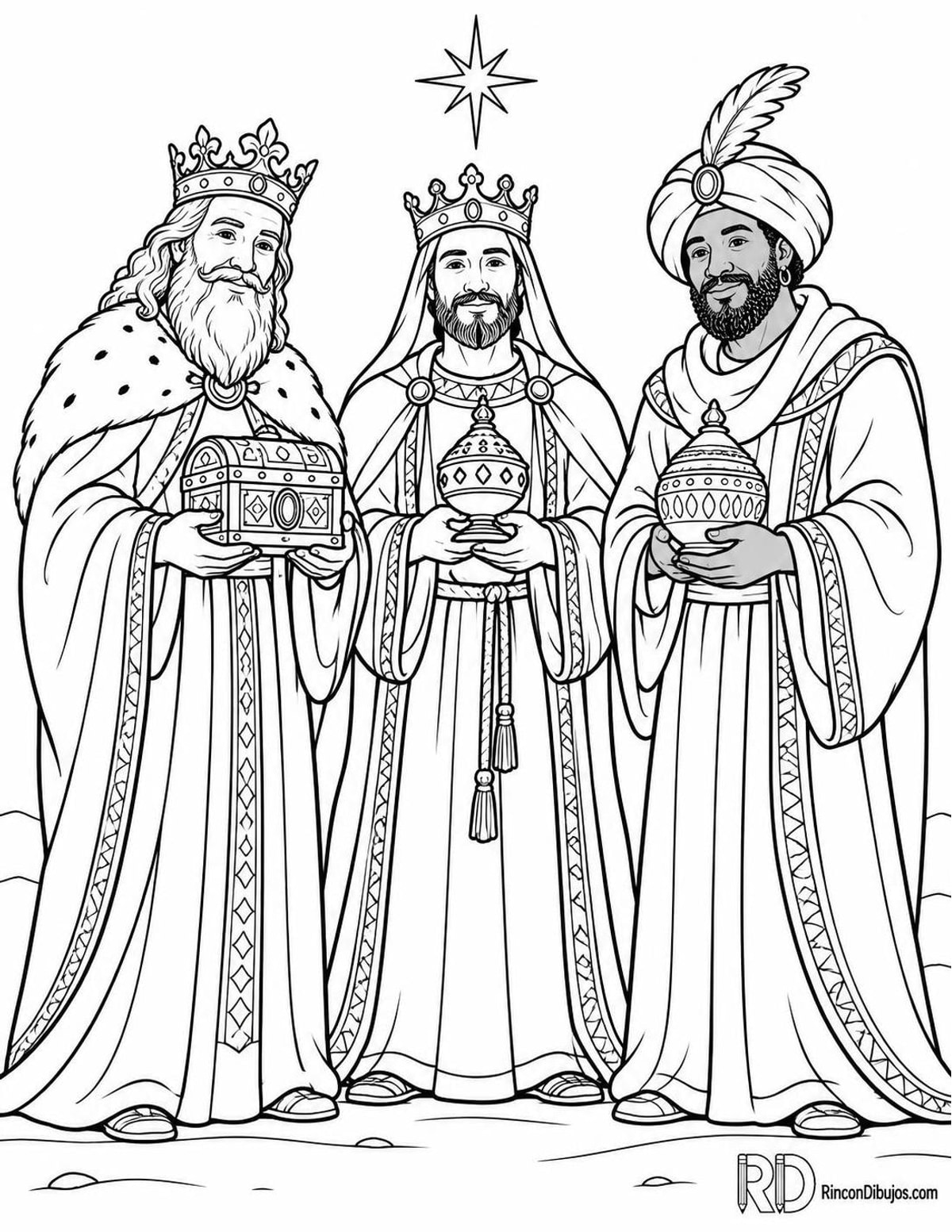 Dibujo de Reyes Magos mostrando regalos para colorear