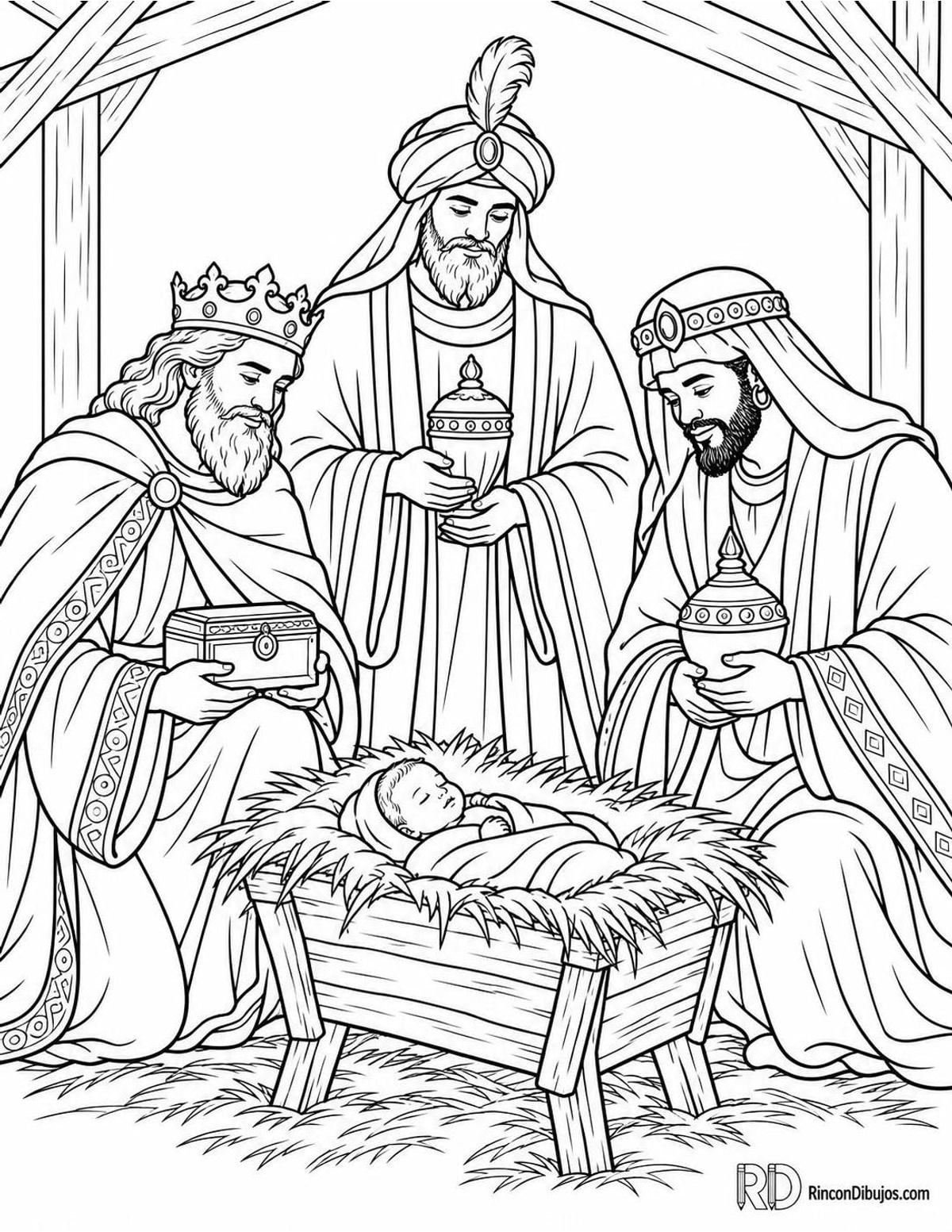 Dibujo de Reyes Magos observando pesebre para colorear