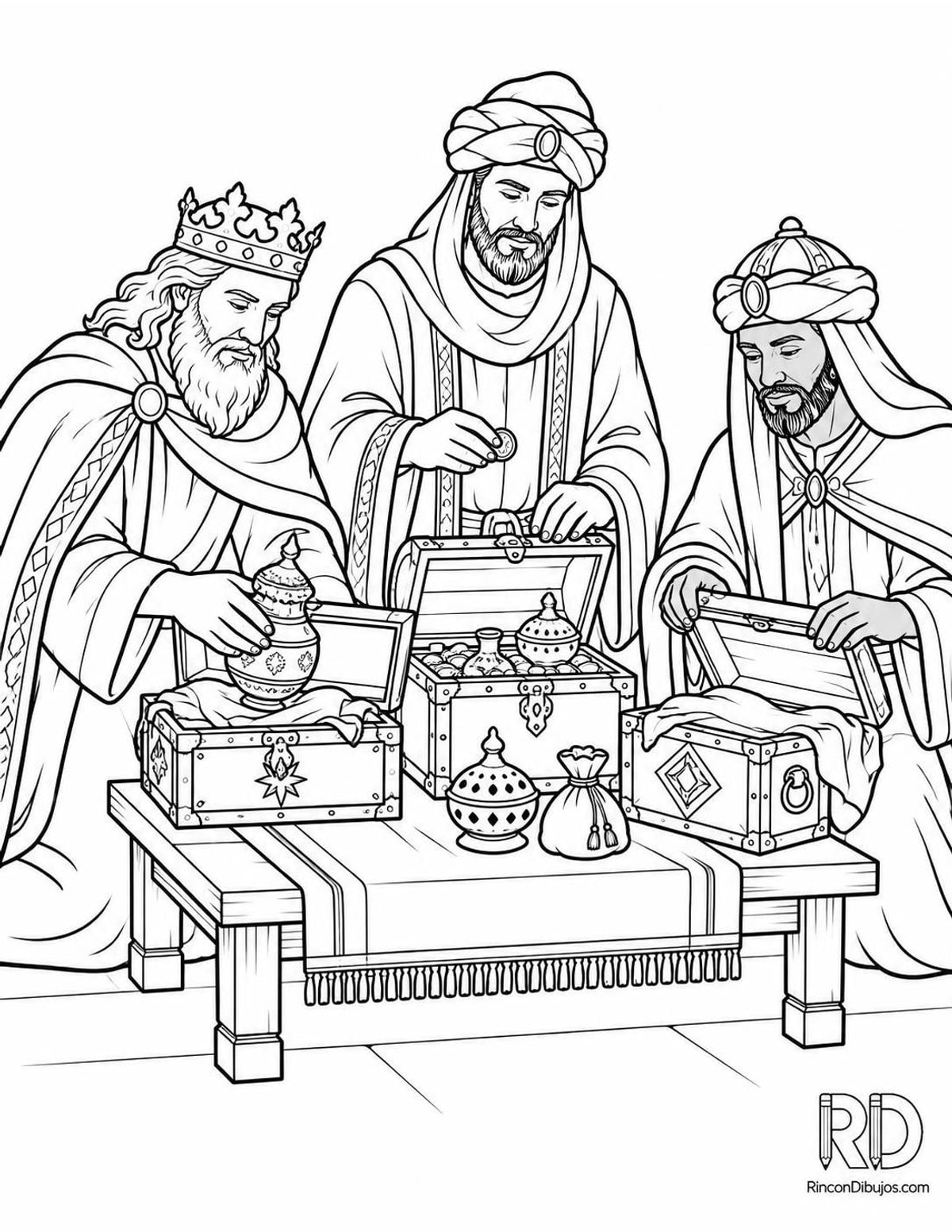 Dibujo de Reyes Magos preparando cofres para colorear